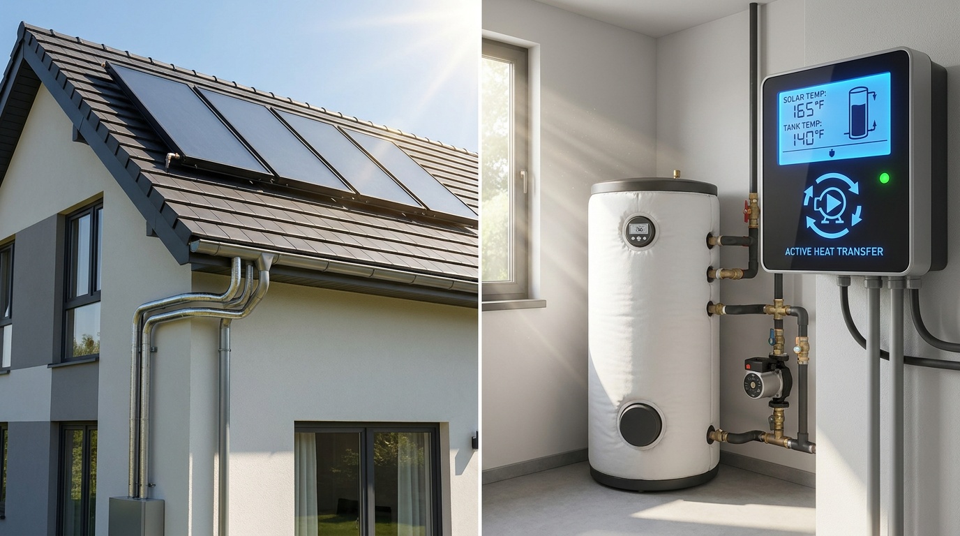 Split solar water heater controller and storage tank connected to rooftop collectors for active heat transfer and pressurized hot water supply